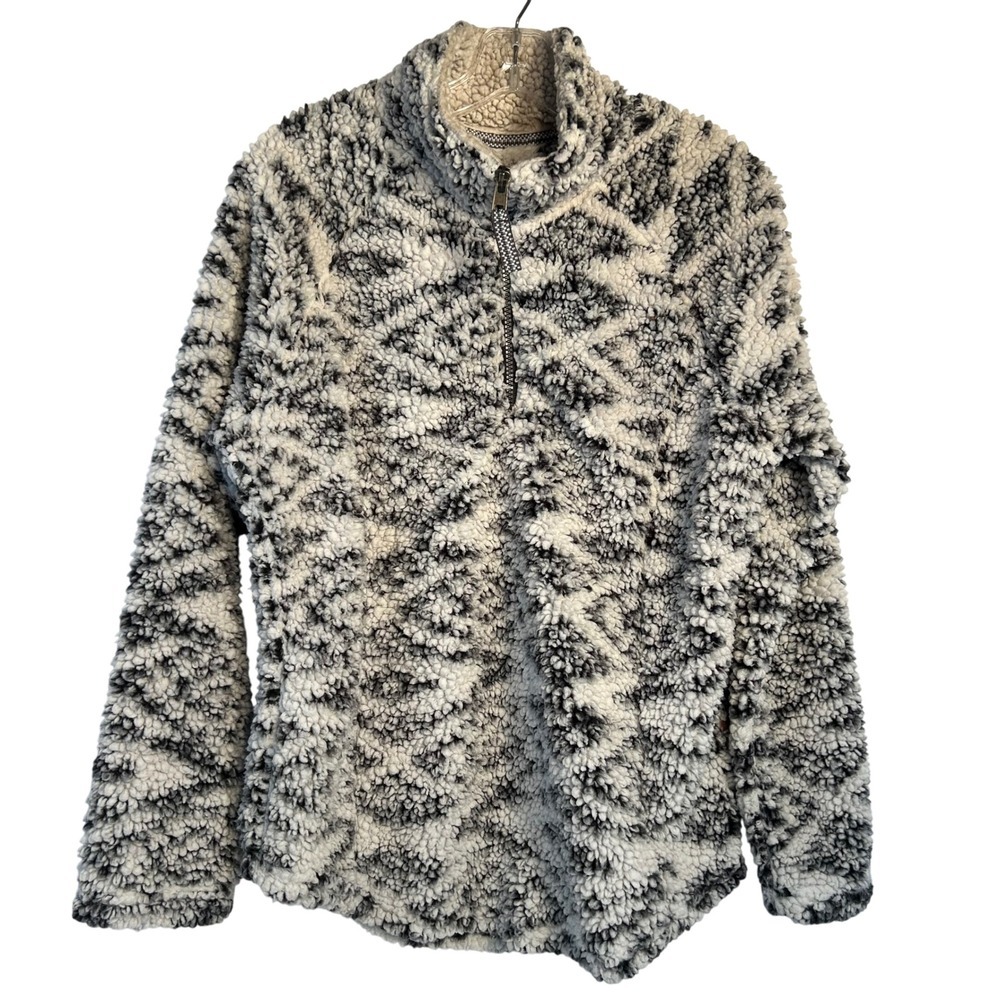 Cozy Sherpa‎ Women's Grey Ikat Aztec Fleece Pullover Sweatshirt Size L